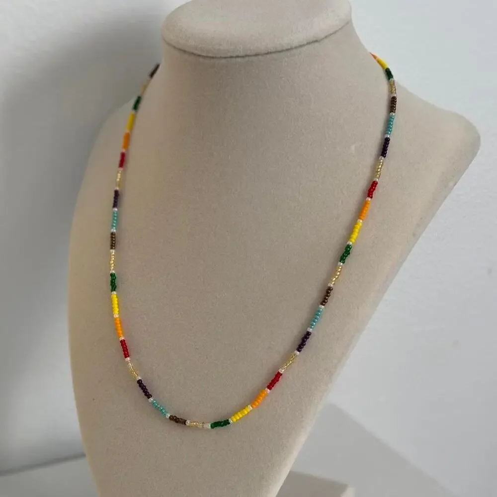 Rainbow Beaded Necklace Boho Handmade Colorful Jewelry Unique Gift Artisan Piece - Picture 3 of 3